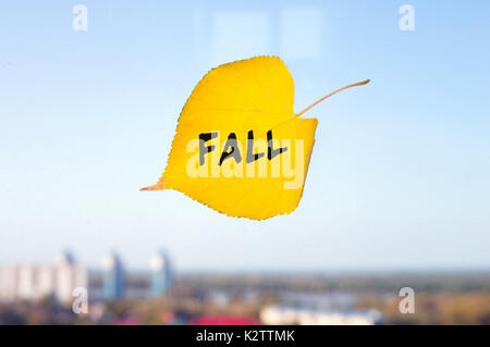 Gelb gefallen Blatt mit der Bezeichnung fallen in das Fenster klemmt in der Skyline. Gefallenen Herbst Blatt in der Form des Herzens Stockfoto