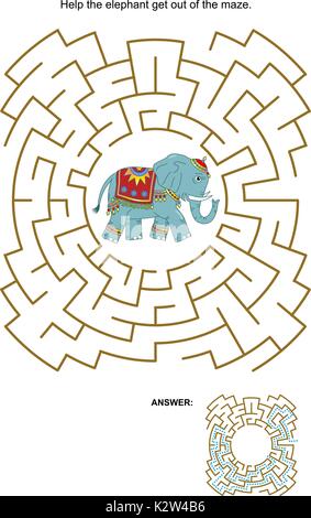 Labyrinth-spiel oder Aktivität Seite: Hilfe der Elefant aus dem Labyrinth. Antwort enthalten. Stock Vektor