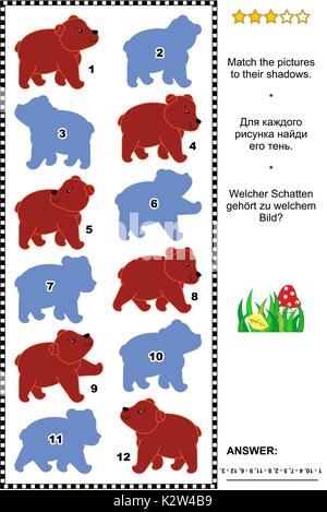 Visuelle Puzzle mit niedlichen Brown bear Cubs: Die richtigen Schatten finden Sie für jedes Bild. Antwort enthalten. Stock Vektor