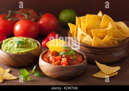 Mexikanische Guacamole und Salsa dip, nachos Tortilla Chips Stockfoto