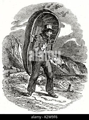 Alte Abbildung bringen einen coracle auf den Schultern (Wales traditionellen kleinen Boot). Von unbekannter Autor, auf der Penny Magazine, London, 1835 veröffentlicht. Stockfoto