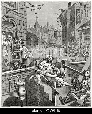 Alte graviert Reproduktion von Gin Lane (satirische drucken Darstellung der Übel der Verbrauch von Gin, von Gin Act 1751 vereitelt). Nach William Hogart Stockfoto