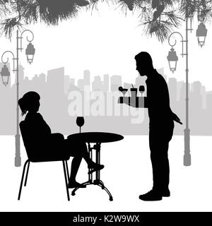 Silhouette von Mädchen am Tisch und Kellner Silhouette mit dem Fach vor der Stadt, Vector Illustration Stock Vektor