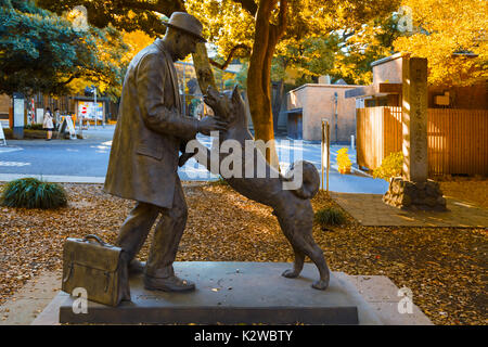 TOKYO, Japan - 28. NOVEMBER 2015: Hachiko mit Dr. Hidesaburo Ueno Statue an der Universität Tokyo, Todai Campus, der Hund ist bemerkenswert Treue zu seinem Besitzer Stockfoto