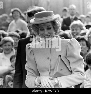 Diana, Prinzessin von Wales, wird in eine lustige Stimmung, wie sie durch die jubelnden Massen während ihrer überraschung Besuch in Ulster, Ihr erster in der Provinz begrüßt wird. Stockfoto