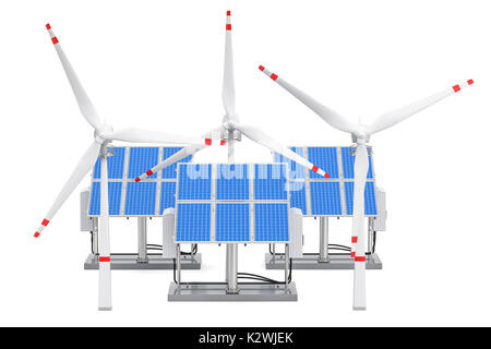 Erneuerbare Energie Konzept. Sonnenkollektoren und Windkraftanlagen, 3D-Rendering auf weißem Hintergrund Stockfoto