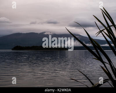 Motuopuhi Insel, See Rotoaira, Tongariro, Neuseeland. Mt Tongariro im Hintergrund. Stockfoto