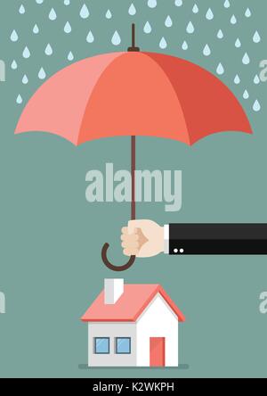 Hand mit einem Regenschirm schützen Haus. Business Konzept Stock Vektor