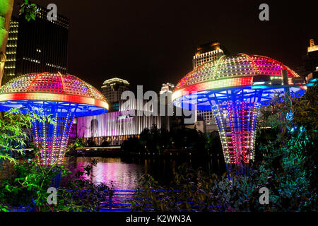 Beleuchtete LED-Pilze, Wulin Square, Hangzhou Nacht, Reiseziel Stockfoto