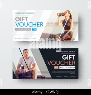 Design eines Vektors Gutschein mit diagonalen Linien und einen Platz für das Bild. Universal flyer Vorlage für Werbung Sport Ernährung. Verschwommen phot Stock Vektor