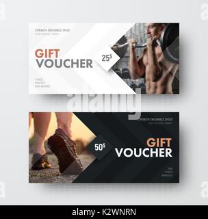 Vektor Gutschein Vorlage mit einem Pfeil, ein Diamant und einen Platz für das Bild. Universal Weiß und Schwarz flyer Vorlage für Werbung einen Fitnessraum oder Bus Stock Vektor