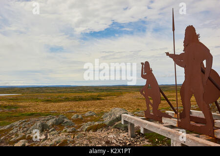 Nordischen Figuren Skulptur von Karen Van Niekerk, L'Anse aux Meadows UNESCO Weltkulturerbe, Neufundland, Kanada. Stockfoto