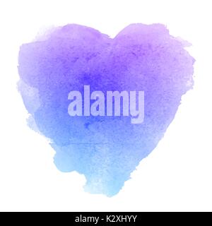 Aquarell blau Hand gezeichnet Papier Textur isoliert herzförmigen Fleck auf weissem Hintergrund für Valentines Tag. Abstrakte aquarelle Vector Illustration in grunge Stil. Nassen Bürste romantischer Malerei. Stock Vektor