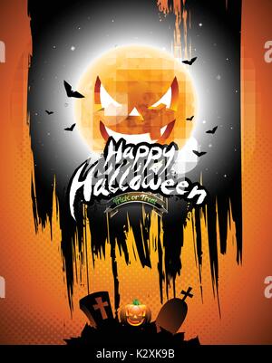 Vektor Happy Halloween Abbildung mit schwarzen Himmel und Kürbis Mond auf orangem Hintergrund. Eps 10 Abbildung. Stock Vektor