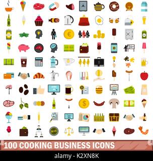 100 kochen Business Icons, flacher Stil Stock Vektor