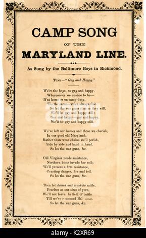 Breitseite aus dem amerikanischen Bürgerkrieg, der den Titel "Camp Song der Maryland", Ausdruck der Patriotismus der Konföderierten durch Baltimore Jungen der Maryland Linie, die die Konföderation beigetreten und nahm den Kampf gegen die Union Grenze Zustand, Richmond, Virginia, 1861. Stockfoto