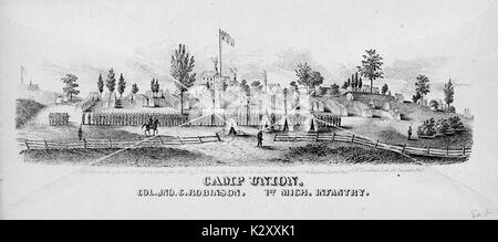 Breitseite aus dem amerikanischen Bürgerkrieg, der den Titel "Camp Union", Darstellung einer Union Camp für die 1 Michigan Infanterie von Colonel John Robinson, 1861 geführt. Stockfoto