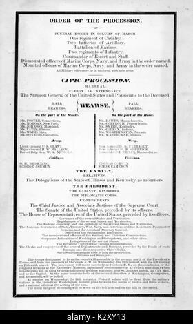 Breitseite aus dem amerikanischen Bürgerkrieg, der den Titel "Reihenfolge der Prozession", ist eine Detaillierung der Prozession für Abraham Lincoln, 1865. Stockfoto