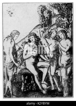 Amor mit drei Grazien, Viola da braccio (ancestral Violine) und Blockflöte (Flöte-a-Bec) Gravur von Marcantonio Raimondi (C. 1480 - C. 1534). Stockfoto