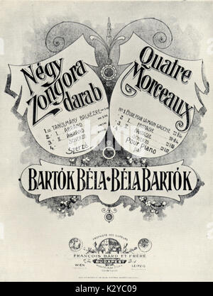 Bela Bartoks score" Quatre Morceaux". Vor der ursprünglichen Ausgabe Klavierauszug, 1904. Ungarische Komponist & Pianist, 1881-1945 Stockfoto