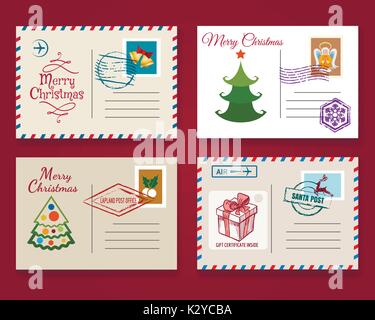 Weihnachten Postkarte Vorlage festlegen. Vector vintage Merry Christmas holiday Postkarten Stock Vektor