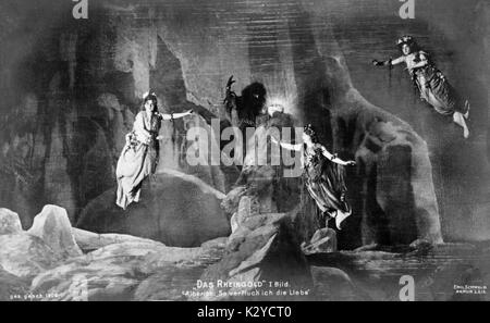 WAGNER-Ring Zyklus - Das Rheingold (Rhein Gold). Der erste Akt, c 1906. Rheintöchter. Rhein maid Dirnen. "Alberich: So verfluch ich sterben Liebe". deutsche Komponist & Autor (1813-1883). "Der Ring des Nibelungen (Der Ring des Nibelungen, Ring Zyklus). Wagnerschen Tetralogie. Floating Emil Schwalb, Berlin Stockfoto