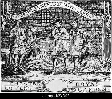 John Gay - The Beggar's Opera. Poster für einen Vorteil Leistung von Beggar's Opera in Covent Garden. Kupferstich von Joseph Sympson der Jüngere (1705-1736) nach einer Zeichnung (1728-31) von William Hogarth. Gay-englische Dramatiker und Dichter, 16. September 1685 - vom 4. Dezember 1732. Stockfoto