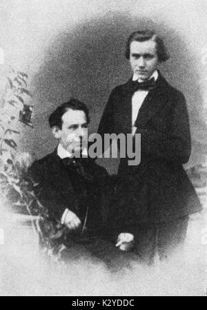 Johannes Brahms - Porträt des Deutschen Komponisten mit der ungarischen Violinisten Eduard Reményi, 1853. JB: 7. Mai 1833 bis 3. April 1897. ER: 17. Januar 1828. - 15. Mai 1898. Auch als Ede Remenyi oder Eduard Hoffmann bekannt. Stockfoto