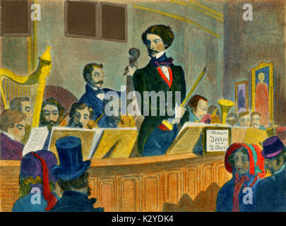 Johann Strauss II in der Paradeisgarten Durchführung seinen Tanz Orchester (entsprechend einer Quelle bei dommayer's Casino). Der oesterreichische Komponist, Dirigent und Geiger (1825-1899) Stockfoto