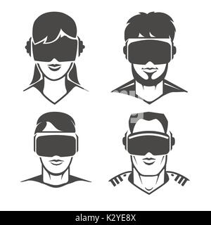 Menschliche Köpfe mit VR-Headset Symbole. Virtual reality Brillen oder oculus Schutzbrille Zeichen, Vektor, Abbildung Stock Vektor
