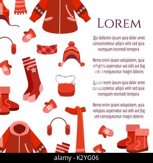 Weiß Poster mit roten Winterbekleidung und accessorises und Stiefel, Vector Illustration Stock Vektor