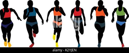 Set Athletik Frau Läufer laufen farbige Silhouetten Stock Vektor