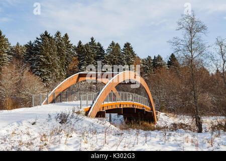 Hölzerne Brücke über einen Fluss im Schnee Winter Saison. Tallinn, Estland. Stockfoto