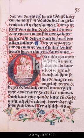 Bilderhandschrift Seite des Gebets in der Niederländischen zeigt Jesus Christus abgedeckt in Wimpern und Wunden, von den "Arbor vitae crucifixae Jesu Christi", aus dem 15. Jahrhundert niederländische Gebetbuch, 2013. Stockfoto