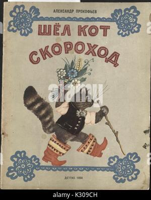 Ein Cover von einem russischen Märchen mit dem Titel "Die schnelle Katze ging zu Fuß' mit einer Katze in Stiefel von Aleksandr Prokofyev, 1956. Stockfoto