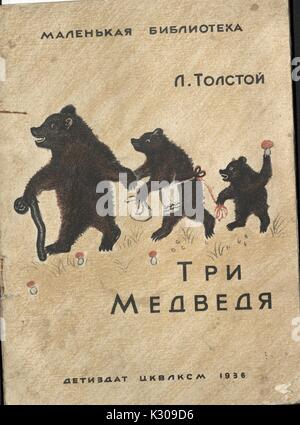 Ein Cover von einem russischen Märchen mit dem Titel "Die drei Bären" mit drei Bären auf der Abdeckung durch L. Tolstoi, 1936. Stockfoto