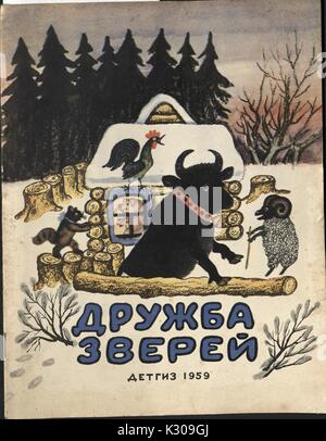 Ein Cover von einem russischen Märchen mit dem Titel "Tierische Freundschaft' mit einem Stier mit anderen Nutztiere und eine Holzhütte unter Schnee von Detgiz, 1959. Stockfoto