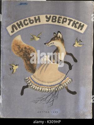 Ein Cover von einem russischen Märchen mit dem Titel "Fox's List" mit den Vögeln um ein Fuchs in einem Kleid von Detgiz, 1956 fliegen. Stockfoto