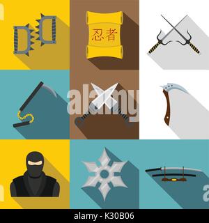 Ninja Waffe Icon Set, flacher Stil Stock Vektor