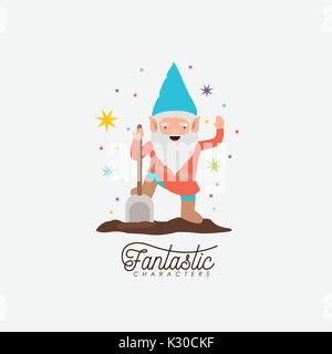 Gnome-phantastischen Charakter mit Schaufel und bunte Funken und Sterne auf weißem Hintergrund Stock Vektor