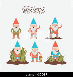 Gnome-phantastischen Charakter mit Kostüm und Symbole auf weißem Hintergrund Stock Vektor