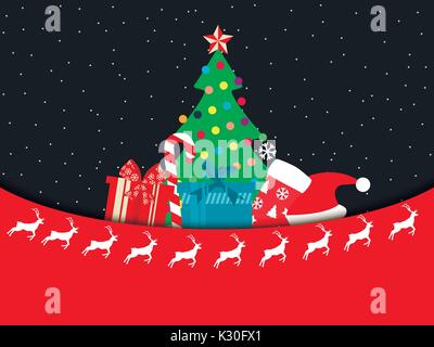 Weihnachtsbaum mit Geschenken in einem flachen Stil. Weihnachten Konzept. Weihnachten Symbole. Vector Illustration. Stock Vektor