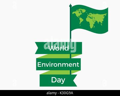 Tag der Umwelt 5. Juni. Flagge mit einer Weltkarte und Farbband. Festliche Etiketten, Banner. Vector Illustration Stock Vektor