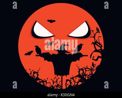 Halloween scary Vogelscheuche, Raben und Fledermäuse. Abbildung für Halloween Urlaub. Vector Illustration. Stock Vektor