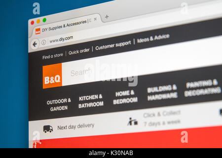 LONDON, Großbritannien - 10. AUGUST 2017: Die Homepage der offiziellen Website B&Q, die britischen Einzelhändler der Home- und Heimwerkermärkte Produkte, Am 10. August Stockfoto
