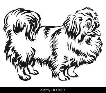 Dekorative Portrait von ständigen im Profil Pekingese, Vektor isoliert Abbildung in schwarz auf weißem Hintergrund Stock Vektor