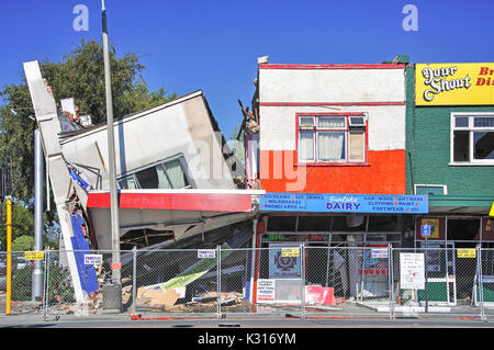 Geschäfte beschädigt vom 22. Februar 2011 Erdbeben, Linwood, Christchurch, Region Canterbury, Südinsel, Neuseeland Stockfoto