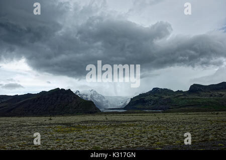 Bizarre Lavaformationen umgeben von Wollgras, Skaelingar Hütte am Rande des Skafta-Lava, in der Nähe von Skafta Stockfoto