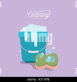 Eimer mit Seife Schaum und Schwamm Reinigungsservice auf farbigen Hintergrund Stock Vektor