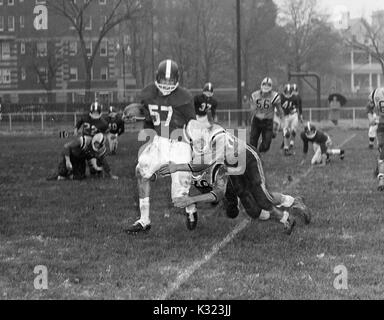 Zwei der Johns Hopkins University Football Spieler bekämpfen ein Fußball-Spieler des gegnerischen Teams, die den Fußball trägt, indem er seine Beine mit anderen Spielern auf dem Feld zu suchen an der Johns Hopkins University, Baltimore, Maryland, 1980. Stockfoto